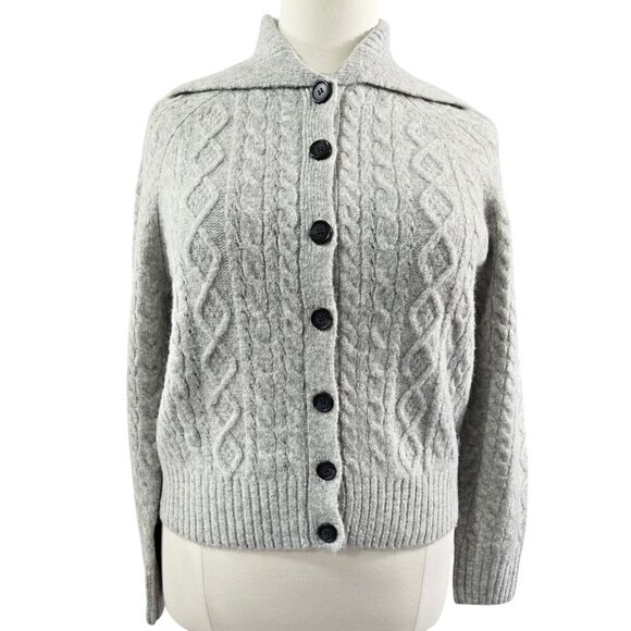 J. Crew Merino Wool Blend Gray Collared Cable Knit Cardigan Cozy Preppy CC004 - Picture 1 of 9